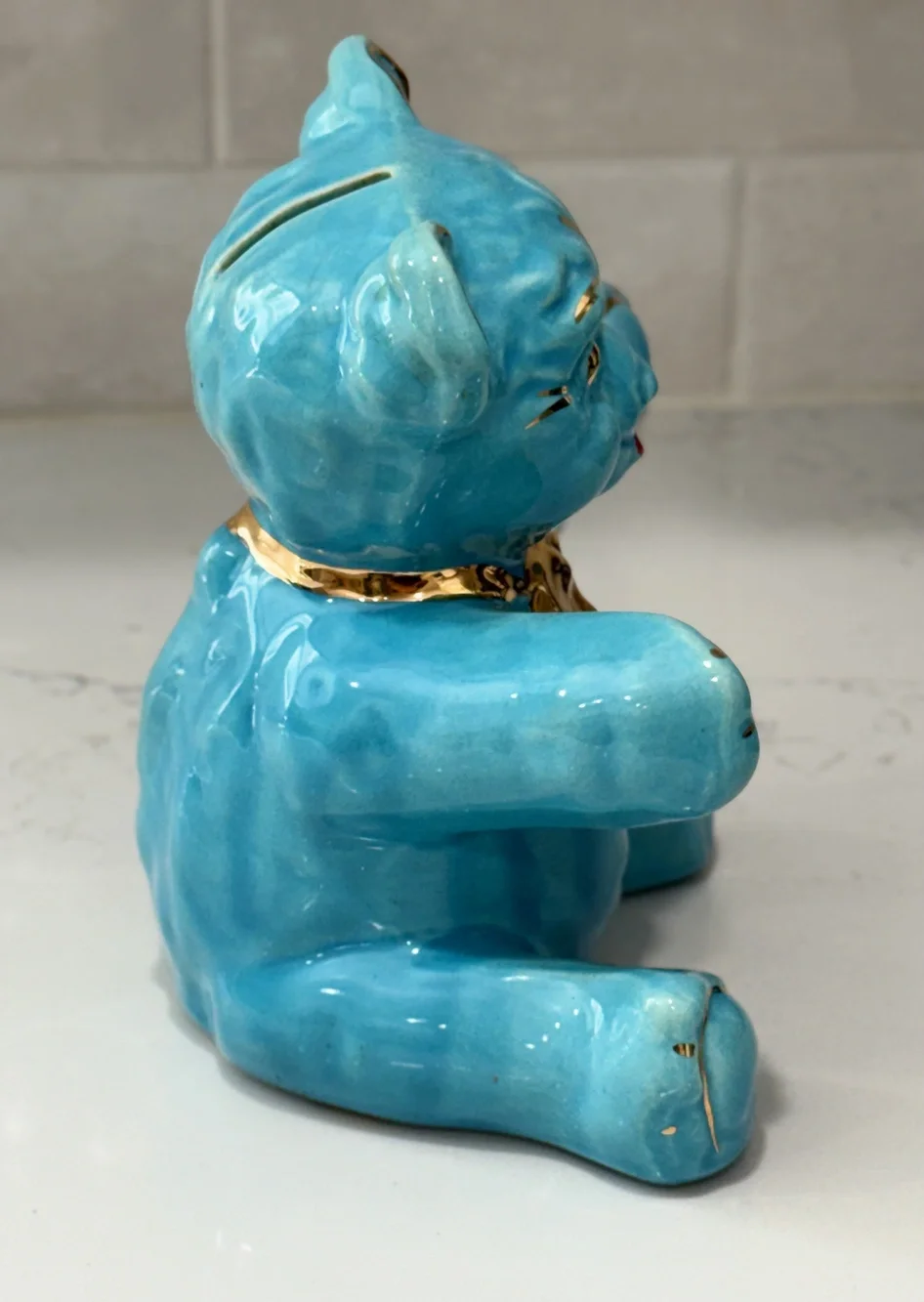Vintage '40's Pearl China Turquoise Blue Ceramic Teddy Bear Piggy Bank Gold Bow